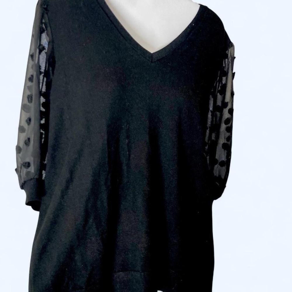 Adrianna Papell Black polka dot Sheet sleeves V-neck sweater top L